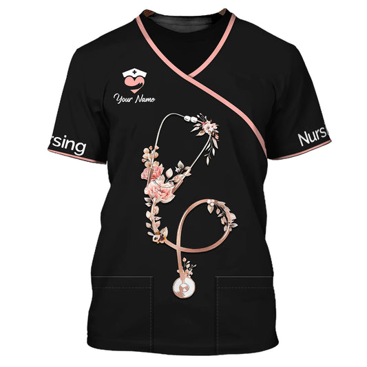 UniJames Flower Nursing Shirts Custom Name 3D Nurse Shirts Gift For Men And Woman