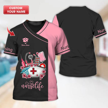 UniJames Personalized Nurse Shirt ? 'Nurse Life' with Medical Motif in Pink and Black