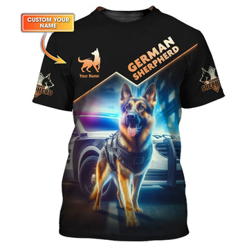 UniJames German Shepherd Custom Name T Shirt German Shepherd With Police Car 3D Shirts Gift For Dog Lovers