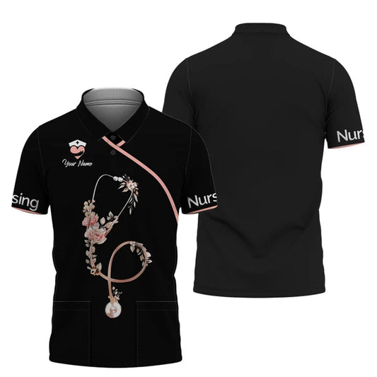 UniJames Flower Nursing Shirts Custom Name 3D Nurse Shirts Gift For Men And Woman