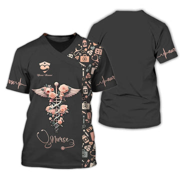 UniJames Personalized Nurse Shirt ? Floral Caduceus with Angelic Wings Design