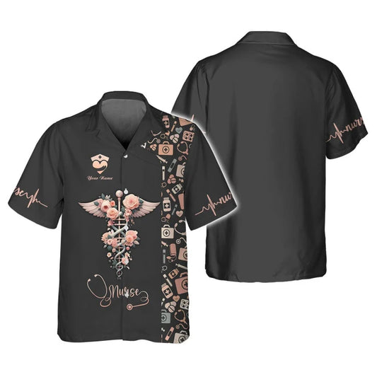 UniJames Personalized Nurse Shirt ? Floral Caduceus with Angelic Wings Design