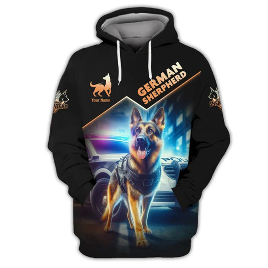 UniJames German Shepherd Custom Name T Shirt German Shepherd With Police Car 3D Shirts Gift For Dog Lovers