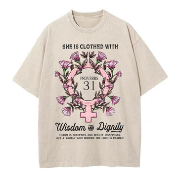 She Is Clothed With Wisdom And Dignity Christian Washed T-Shirt Sale - GuidingCross
