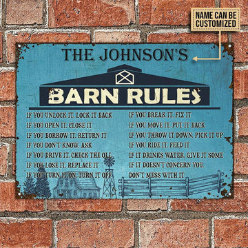uni Farm Barn Rules Blue Rectangle Metal Sign Custom Name