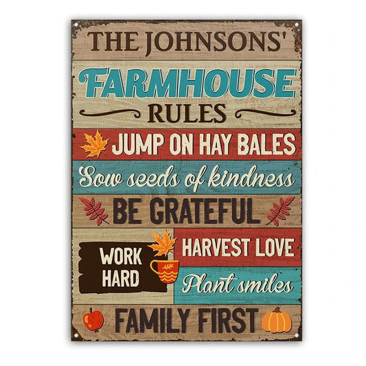 uni Farm Farmhouse Rules Harvest Love Nice Design Rectangle Metal Sign Custom Name