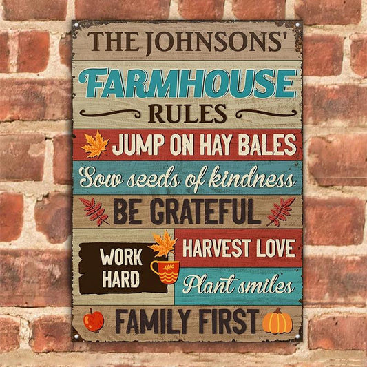 uni Farm Farmhouse Rules Harvest Love Nice Design Rectangle Metal Sign Custom Name