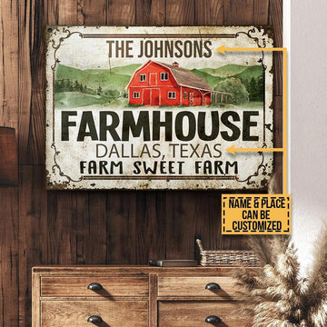uni Red Farmhouse Farm Sweet Farm Custom Place And Name Rectangle Metal Sign