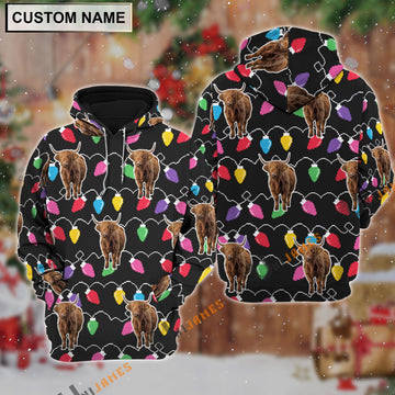 Uni Highland Christmas Led Light Personalized Name 3D Hoodie