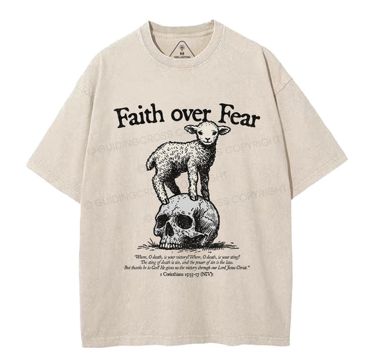 Faith Over Fear Lamb Christian Washed T-Shirt Sale - GuidingCross
