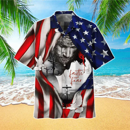 UniJames American Flag Faith Over Fear Jesus Hawaiian Shirt - Christian Hawaiian Shirts For Men & Women