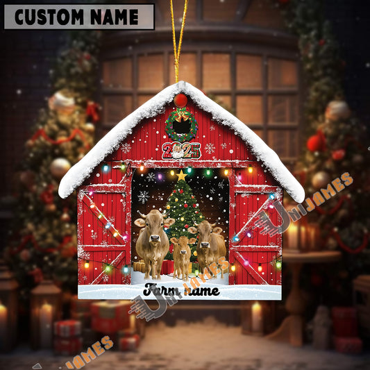 Uni Personalized Brown Swiss Christmas Barn Ornament – Custom Farm Name 2025