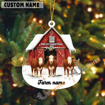 Uni Personalized Hereford Moo-ry Christmas Barn Acrylic Ornament