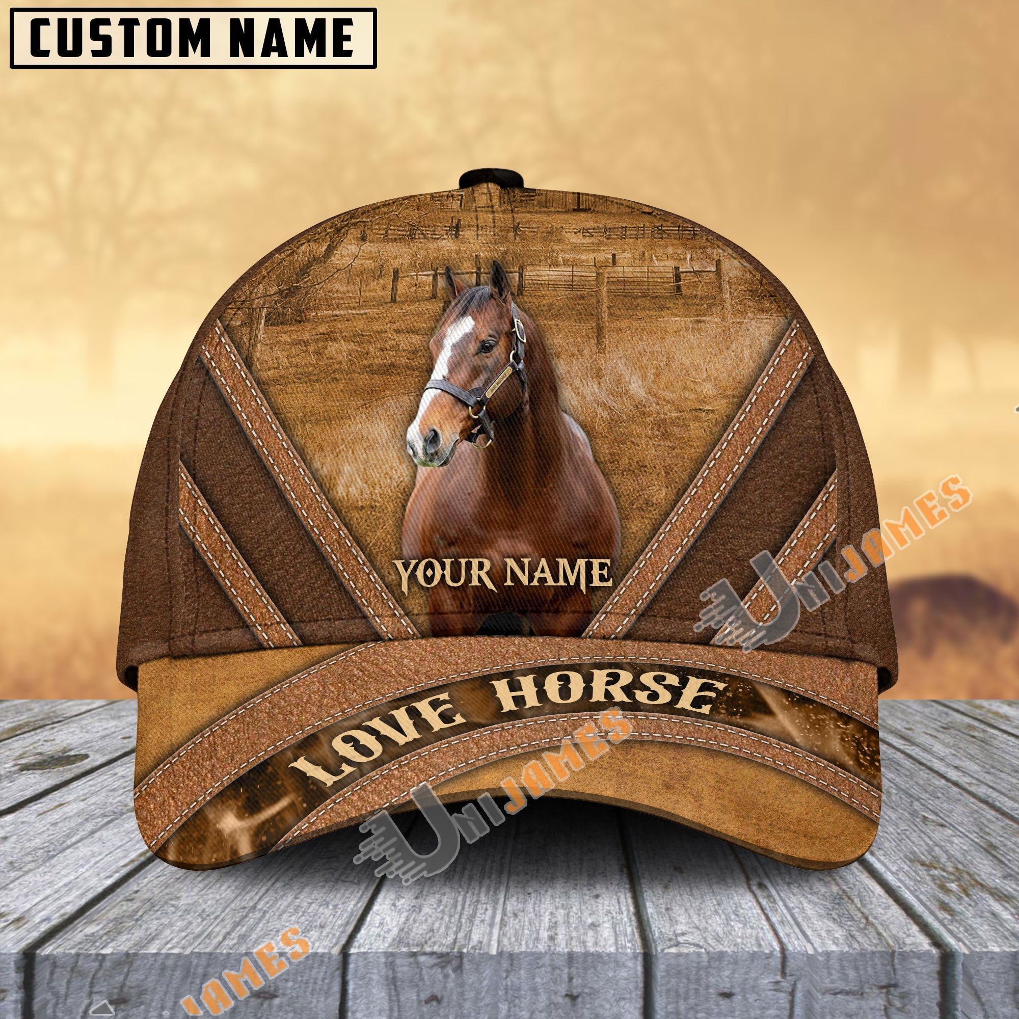 Uni Thoroughbred Horse Brown Leather Pattern Personalized Name Cap