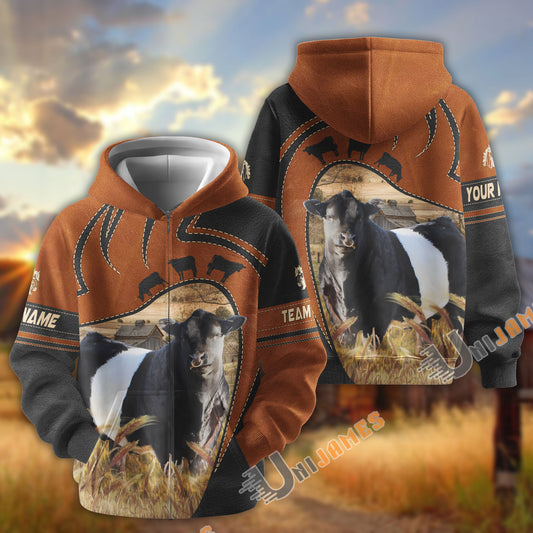 Uni Belted Galloway Leather Pattern Custom Name, Farm Name 3D Hoodie
