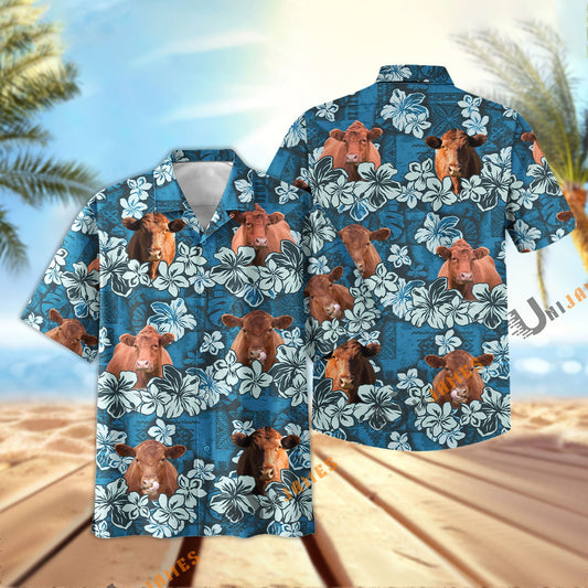 Uni Red Angus Dark Blue Flower Hawaiian Shirt