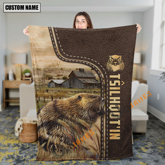 Uni Personalized Name Beaver Leather Pattern Blanket