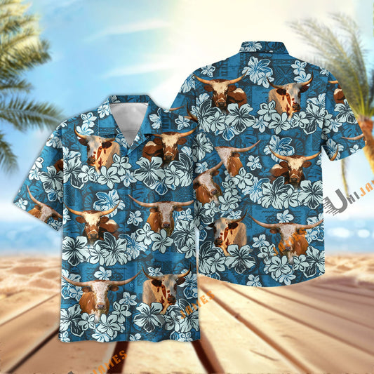 Uni Texas Longhorn Dark Blue Flower Hawaiian Shirt