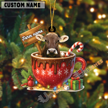 Uni Personalized Brown Swiss Moo-ry Christmas Cocoa Mug Acrylic Ornament