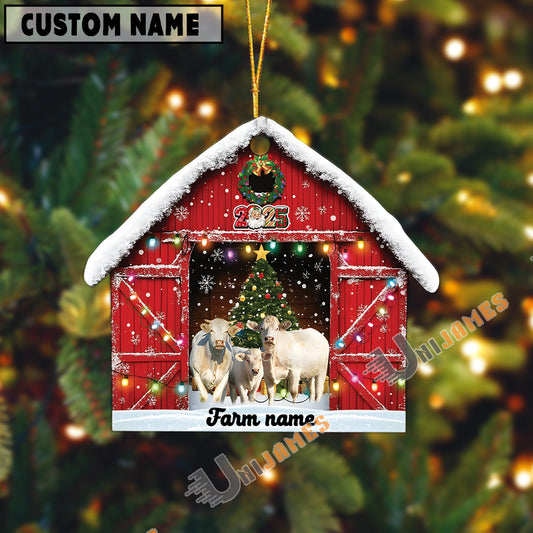 Uni Personalized Charolais Christmas Barn Ornament – Custom Farm Name 2025