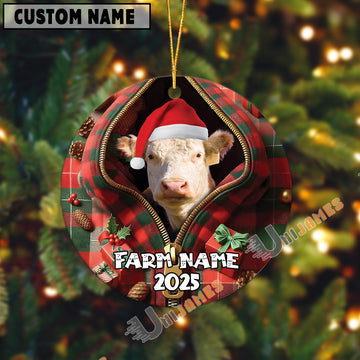 Uni Personalized Farm Name Merry Hereford Farm Plaid Ornament