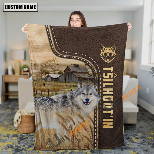 Uni Personalized Name Gray Wolf Leather Pattern Blanket