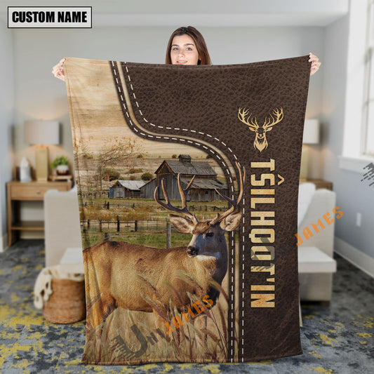 Uni Personalized Name Mule Deer Leather Pattern Blanket