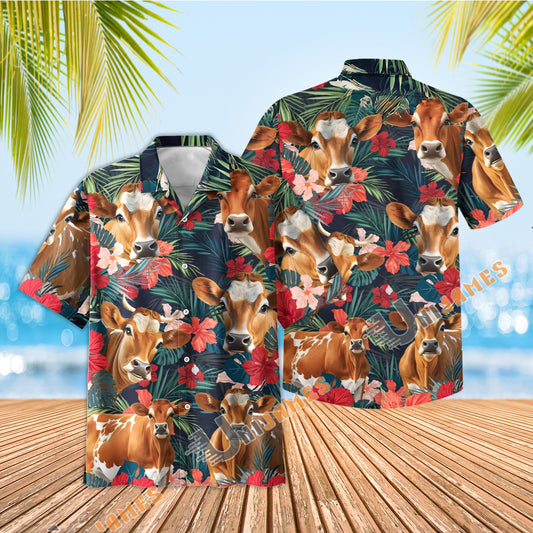 Uni Jersey Cattle Red Tropical Flowers Hawaiian Shirt