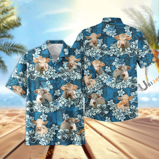 Uni Charolais Dark Blue Flower Hawaiian Shirt
