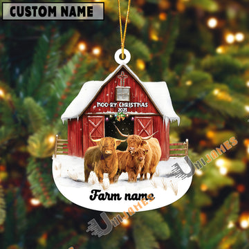 Uni Personalized Highland Moo-ry Christmas Barn Acrylic Ornament