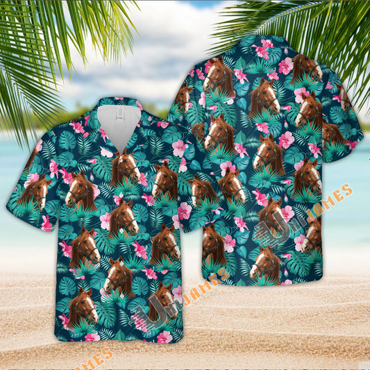 Unique Horse Blue Floral Summer 3D Hawaiian Shirt