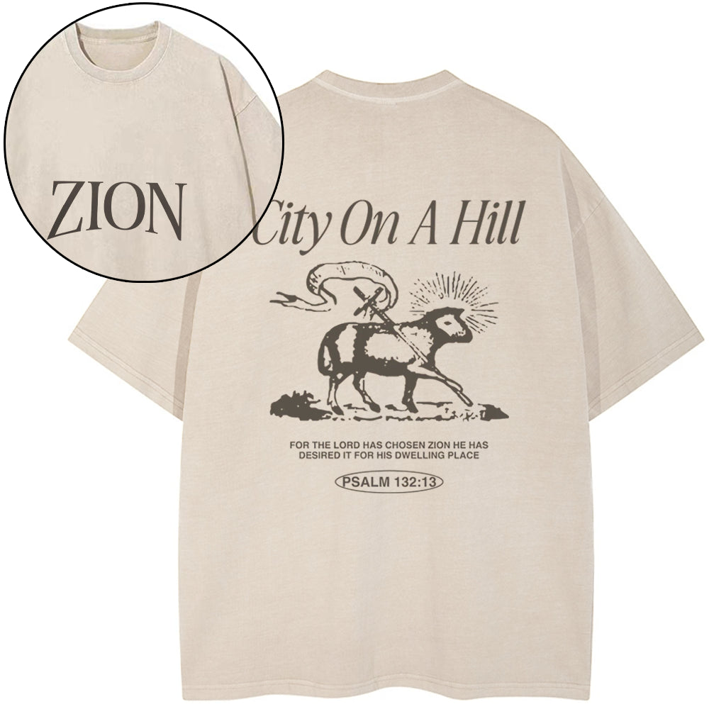 Zion City On A Hill Christian Washed T-Shirt Sale - GuidingCross