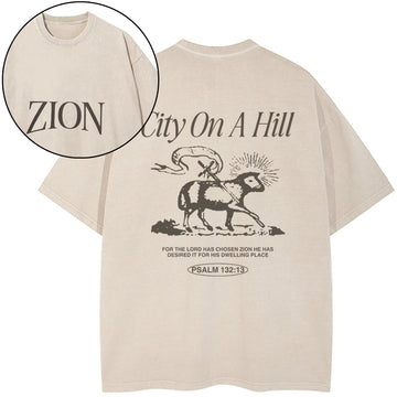 Zion City On A Hill Christian Washed T-Shirt Sale - GuidingCross