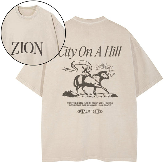 Zion City On A Hill Christian Washed T-Shirt Sale - GuidingCross