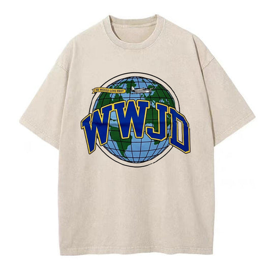 WWJD Globe Christian Washed T-Shirt Sale - GuidingCross