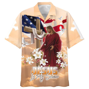 UniJames Cross With Lilies Jesus Is My Savior Hawaiian Shirt - Best Hawaiian Shirts - Christian Hawaiian Shirt