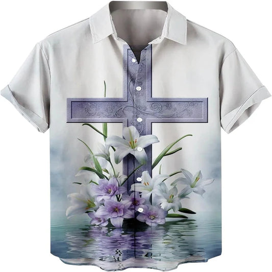 UniJames Easter Cross Lily Christian Hawaiian Shirt - Hawaiian Beach Shirts for Men Women