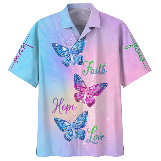 UniJames Faith Hope Love Butterfly Hawaiian Shirts - Christian Hawaiian Shirt - Hawaiian Summer Shirts
