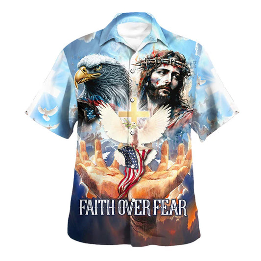 UniJames Faith Over Fear Jesus Face Eagle Hawaiian Shirt - Christian Hawaiian Shirt - Religious Hawaiian Shirts