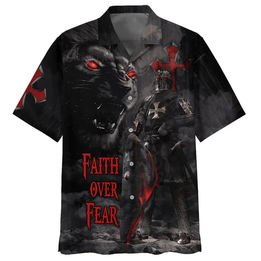 UniJames Faith Over Fear Warrior Of Christ Lion Cross Hawaiian Shirts - Christian Hawaiian Shirt - Hawaiian Shirts For Men