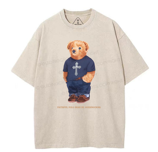 Faithful Polo Bear By Guidingcross Christian Washed T-Shirt Sale - GuidingCross