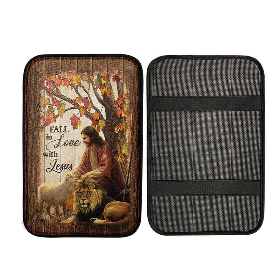 Uni Fall In Love With Jesus Car Armrest Pad - Jesus Lion Of Judah White Lamb Car Armrest Pad