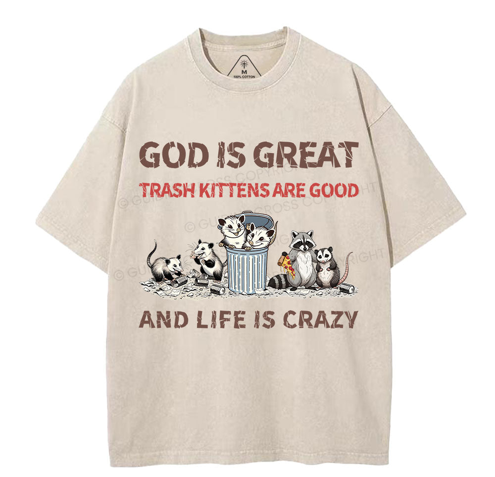 God Is Great Trash Kittens Are Good And Life Is Crazy Christian Washed TShirt