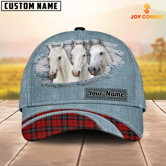 Uni White Horse Red Caro And Jeans Pattern Customized Name Cap