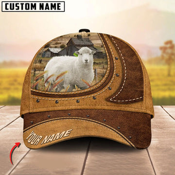 Uni Sheep On The Farm Customized Name Brown Leather Pattern Cap