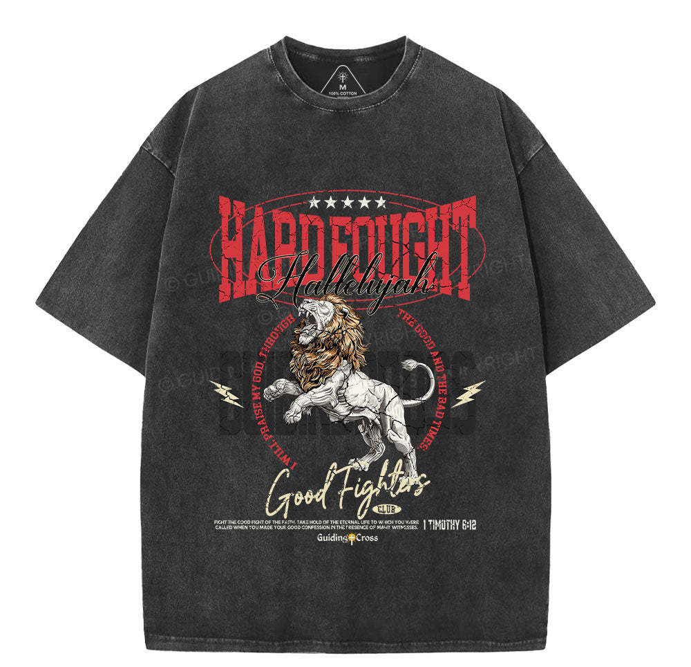 Hard Fought Hallelujah Lion Christian Washed T-Shirt Sale - GuidingCross