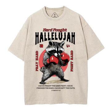 Hard Fought Hallelujah Raccoon Christian Washed T-Shirt Sale - GuidingCross