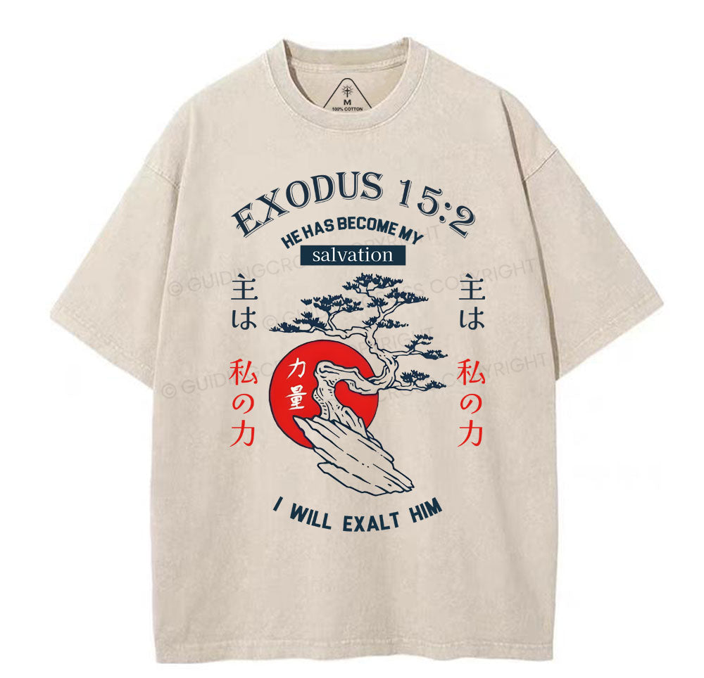 He Has Become My Salvation Chirstian Washed T-Shirt Sale - GuidingCross
