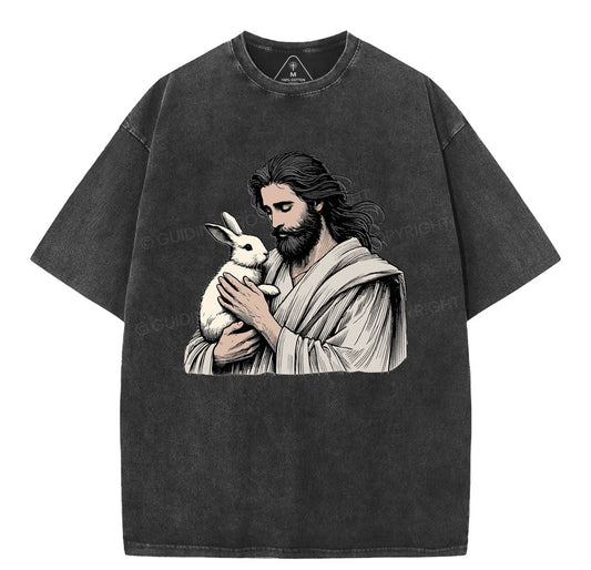 Jesus And Rabbit Easter Christian Washed T-Shirt Sale - GuidingCross
