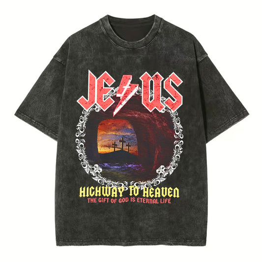 Jesus Highway To Heaven Chirstian Washed T-Shirt Sale - GuidingCross